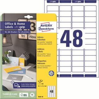 Avery Zweckform 7636-10 Adresní etikety | 45,7x21,2 mm, 480 ks, 10xA4
