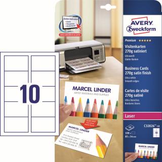 Avery Zweckform C32026-10 Vizitkový papír | 85x54 mm, 270g/m2, 100 ks, 10xA4