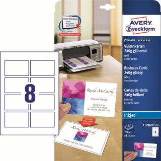 Avery Zweckform C32028-25 Vizitkový papír pro Inkjet | 85x54 mm, 240g/m2, 200 ks, 25xA4