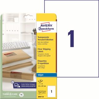 Avery Zweckform J8567-25 Transparentní etikety A4 pro Inkjet | 210x297 mm, 25 ks