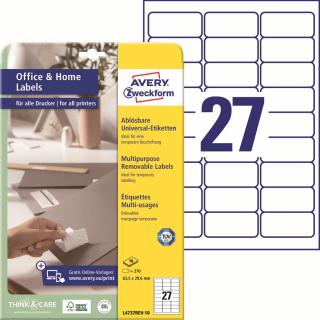 Avery Zweckform L4737REV-10 Snímatelné etikety | 63,5x29,6 mm, 270 ks, 10xA4