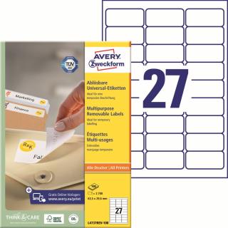 Avery Zweckform L4737REV-100 Snímatelné etikety | 63,5x29,6mm, 2.700 ks, 100xA4