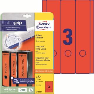 Avery Zweckform L4752-20 Etikety na pořadače | 61x297 mm, 60 ks, 20xA4, červené