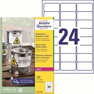 Avery Zweckform L4773-100 Odolné etikety | 63,5x33,9 mm, 2.400 ks, 100xA4