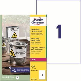 Avery Zweckform L4775-100 Odolné etikety A4 | 210x297 mm, 100 ks, bílé