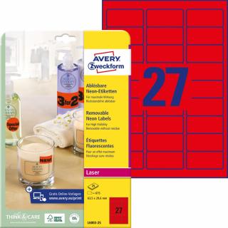 Avery Zweckform L6003-25 Neonové etikety | 63,5x29,6 mm, 675 ks, 25xA4, červené