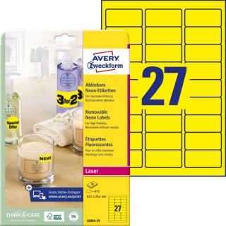 Avery Zweckform L6004-25 Neonové etikety | 63,5x29,6 mm, 675 ks, 25xA4, žluté