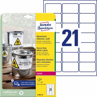 Avery Zweckform L7060-20 Odolné etikety | 63,5x38,1 mm, 420 ks, 20xA4
