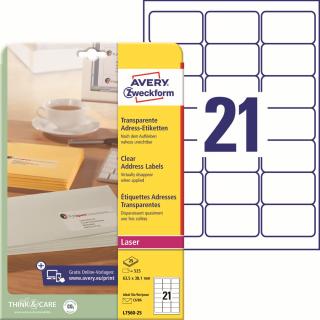 Avery Zweckform L7560-25 Transparentní etikety | 63,5x38,1 mm, 525 ks, 25xA4