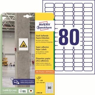 Avery Zweckform L7872-20 Silně lepivé etikety | 35,6x16,9 mm, 1.600 ks, 20xA4