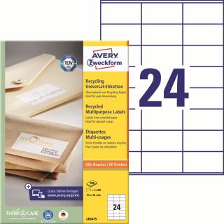 Avery Zweckform LR3475 Recyklované etikety | 70x36 mm, 2.400 ks, 100xA4