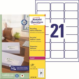 Avery Zweckform LR7160-100 Recyklované etikety | 63,5x38,1 mm, 2.100 ks, 100xA4