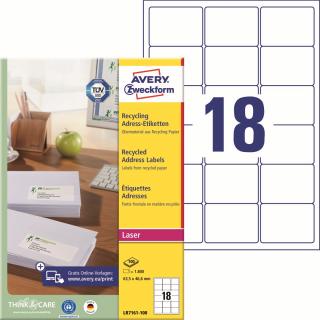 Avery Zweckform LR7161-100 Recyklované etikety | 63,5x46,6 mm, 1.800 ks, 100xA4
