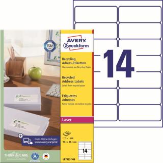 Avery Zweckform LR7163-100 Recyklované etikety | 99,1x38,1 mm, 1.400 ks, 100xA4