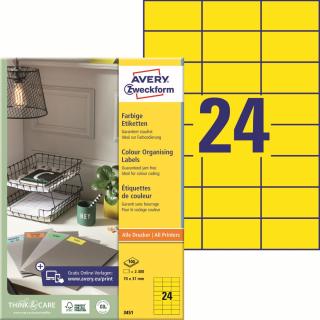 Barevné etikety | Avery Zweckform 3451 | 70x37 mm, 100xA4, 2.400 ks, žlutá