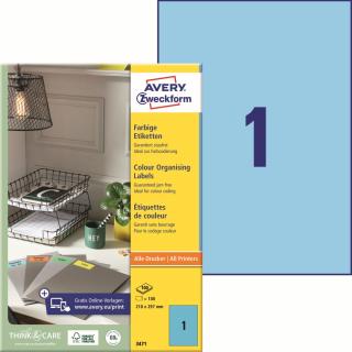 Barevné etikety | Avery Zweckform 3471 | 210x297 mm, 100xA4, 100 ks, modrá