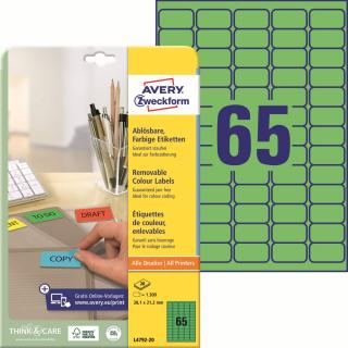 Barevné etikety | Avery Zweckform L4792-20 | 38,1x21,2 mm, 20xA4, 1.300 ks, zelená