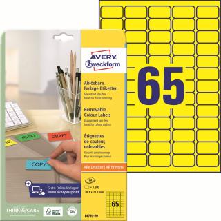 Barevné etikety | Avery Zweckform L4793-20 | 38,1x21,2 mm, 20xA4, 1.300 ks, žlutá