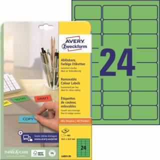 Barevné etikety | Avery Zweckform L6033-20 | 63,5x33,9 mm, 20xA4, 480 ks, zelená