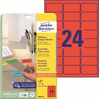 Barevné etikety | Avery Zweckform L6034-20 | 63,5x33,9 mm, 20xA4, 480 ks, červená