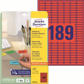 Barevné etikety | Avery Zweckform L6036-20 | 25,4x10 mm, 20xA4, 3.780 ks, červená
