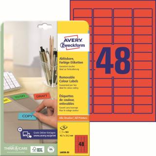 Barevné etikety | Avery Zweckform L6038-20 | 45,7x21,2 mm, 20xA4, 960 ks, červená
