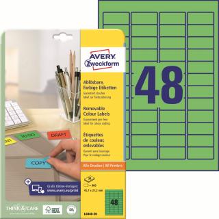 Barevné etikety | Avery Zweckform L6040-20 | 45,7x21,2 mm, 20xA4, 960 ks, zelená