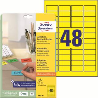 Barevné etikety | Avery Zweckform L6041-20 | 45,7x21,2 mm, 20xA4, 960 ks, žlutá