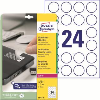 Bezpečnostní etikety | Avery Zweckform L6112-20 | Ø 40 mm, 20xA4, 480 ks, bílá