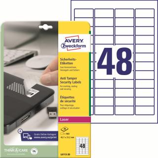 Bezpečnostní etikety | Avery Zweckform L6113-20 | 45,7x21,2 mm, 20xA4, 960 ks, bílá