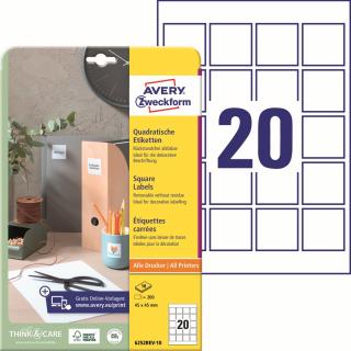 Čtvercové etikety | Avery Zweckform 6252REV-10 | 45x45 mm, 10xA4, 200 ks, bílá