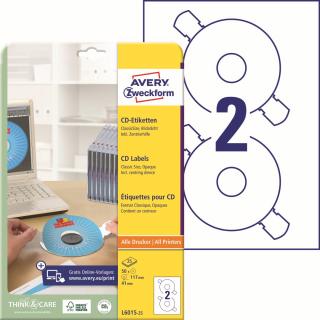 Etikety na CD | Avery Zweckform L6015-25 | Ø 117 mm, 25xA4, 50 ks, bílá