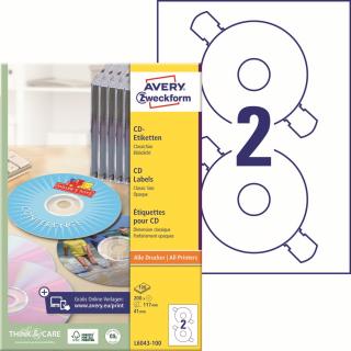 Etikety na CD | Avery Zweckform L6043-100 | Ø 117 mm, 100xA4, 200 ks, bílá