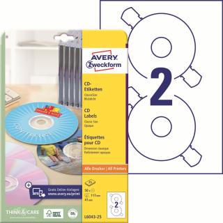 Etikety na CD | Avery Zweckform L6043-25 | Ø 117 mm, 25xA4, 50 ks, bílá