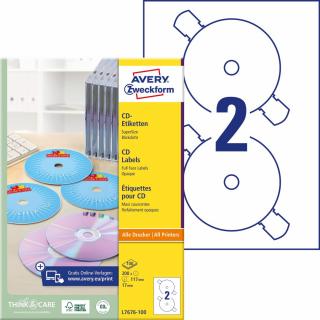 Etikety na CD | Avery Zweckform L7676-100 | Ø 117 mm, 100xA4, 200 ks, bílá