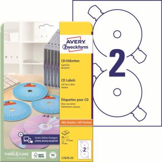 Etikety na CD | Avery Zweckform L7676-25 | Ø 117 mm, 25xA4, 50 ks, bílá