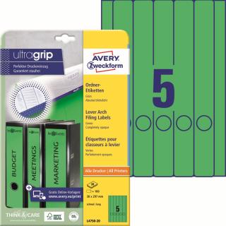 Etikety na pořadače | Avery Zweckform L4750-20 | 38x297 mm, 20xA4, 100 ks, zelená
