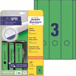 Etikety na pořadače| Avery Zweckform L4754-20 | 61x297 mm, 20xA4, 60 ks, zelená