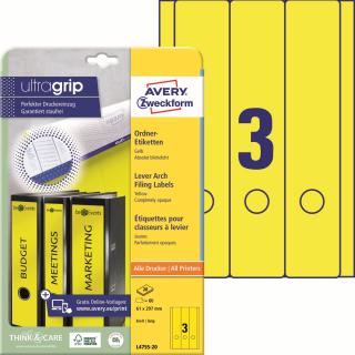 Etikety na pořadače | Avery Zweckform L4755-20 | 61x297 mm, 20xA4, 60 ks, žlutá