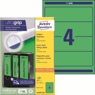 Etikety na pořadače | Avery Zweckform L4768-100 | 61x192 mm, 100xA4, 400 ks, zelená