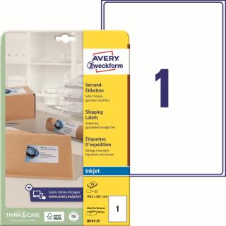 Inkjet etikety na balíky | Avery Zweckform J8167-25 | 199,6x289,1 mm, 25xA4, 25 ks, bílá