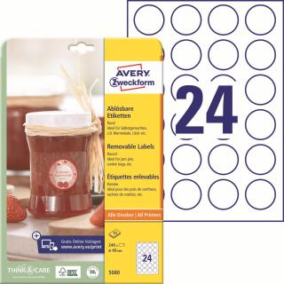 Kulaté etikety | Avery Zweckform 5080 | Ø 40 mm, 10xA4, 240 ks, bílá