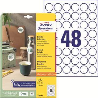 Kulaté etikety | Avery Zweckform 6223-10 | Ø 30 mm, 10xA4, 480 ks, bílá