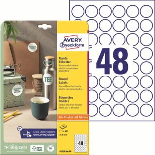 Kulaté etikety | Avery Zweckform 6223REV-10 | Ø 30 mm, 10xA4, 480 ks, bílá