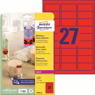 Neonové etikety | Avery Zweckform L6003-25 | 63,5x29,6 mm, 25xA4, 675 ks, neonově červená