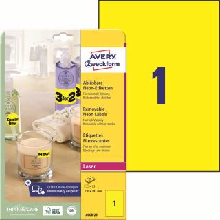 Neonové etikety | Avery Zweckform L6006-25 | 210x297 mm, 25xA4, 25 ks, neonově žlutá