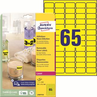 Neonové etikety | Avery Zweckform L7651Y-25 | 38,1x21,2 mm, 25xA4, 1.625 ks, neonově žlutá