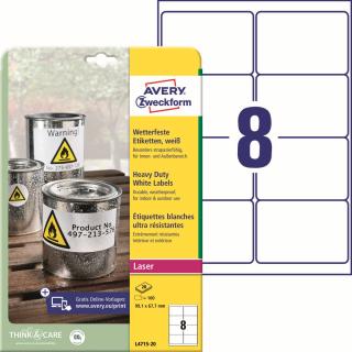Odolné etikety | Avery Zweckform L4715-20 | 99,1x67,7 mm, 20xA4, 160 ks, bílá