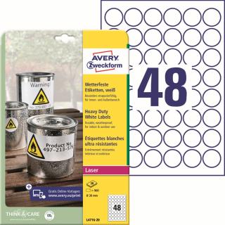 Odolné etikety | Avery Zweckform L4716-20 | Ø 30 mm, 20xA4, 960 ks, bílá