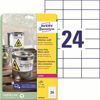 Odolné etikety | Avery Zweckform L4718-20 | 70x37 mm, 20xA4, 480 ks, bílá